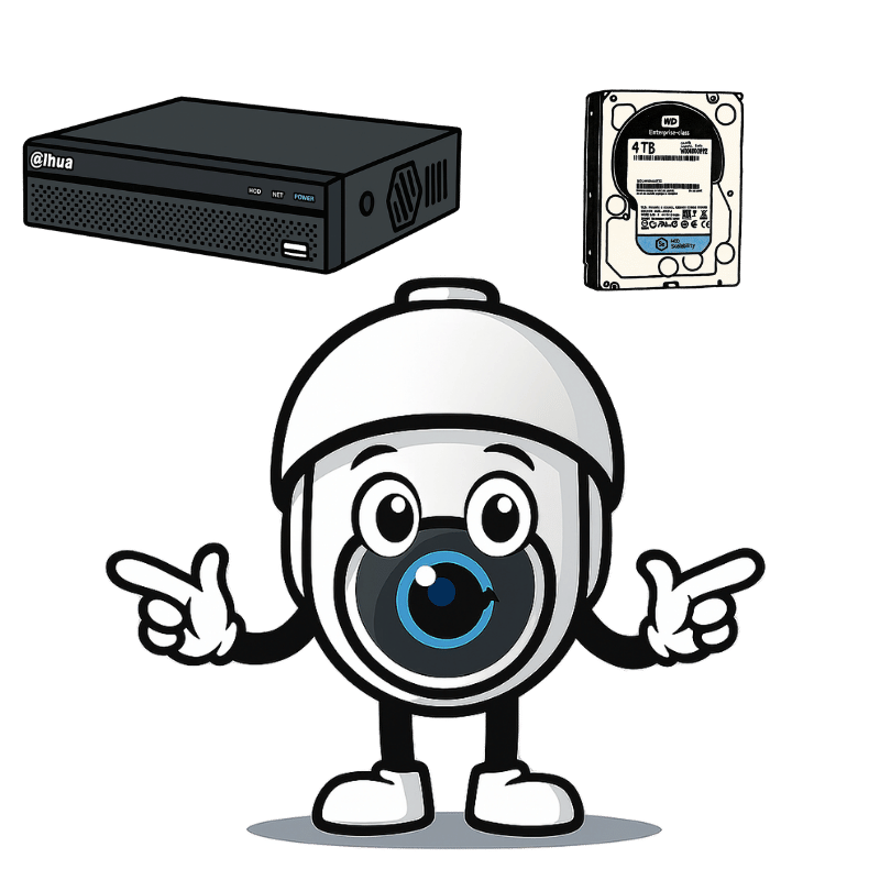Mascotte qui présente un enregistreur et un disque dur