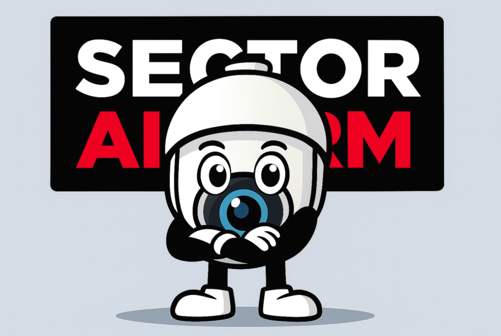Mascotte du site devant le logo sector alarm