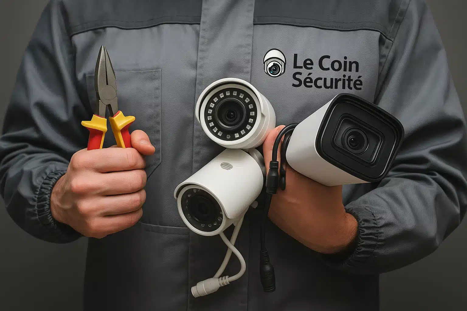 Technicien Le Coin Sécurité avec des caméra filaires IP et une pince 