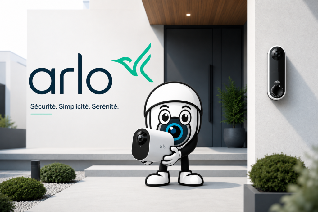 Mascotte du site Le Coin Sécurité en train de présenter une caméra Arlo et une sonnette connectée dans une maison design.