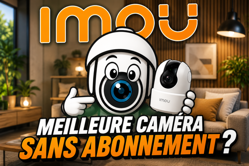 Mascotte Le Coin Sécurité tenant une caméra imou à la main dans son salon