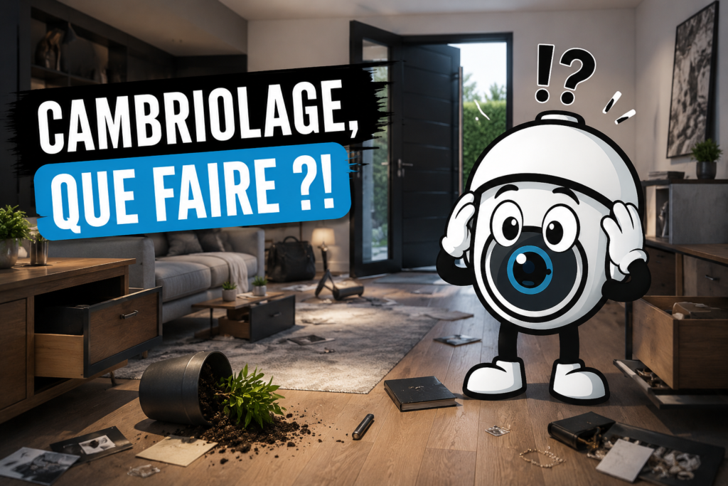 Mascotte Le Coin Sécurité qui débarque dans une maison cambriolé en étant stupéfait.
