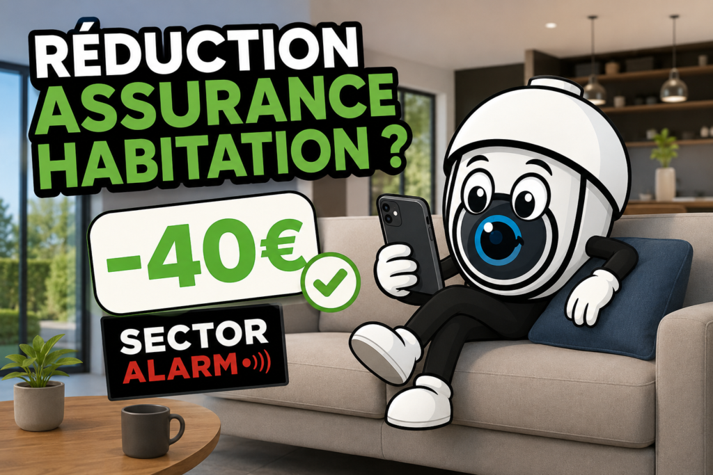 Mascotte Le Coin Sécurité se reposant sur le canapé observant sur son téléphone une réduction d'assurance.