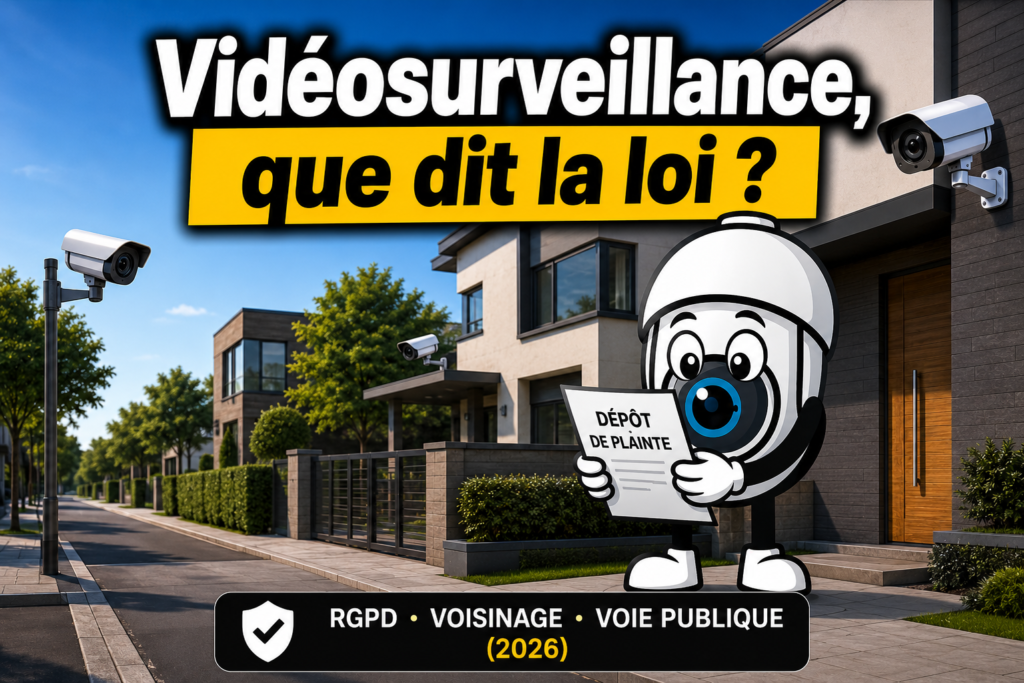 Mascotte Le Coin Sécurité en train de lire un texte de loi sur la vidéosurveillance dans une rue remplie de caméras de sécurité