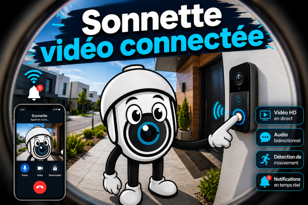 Mascotte Le Coin Sécurité en train de sonner à la porte via une sonnette connectée